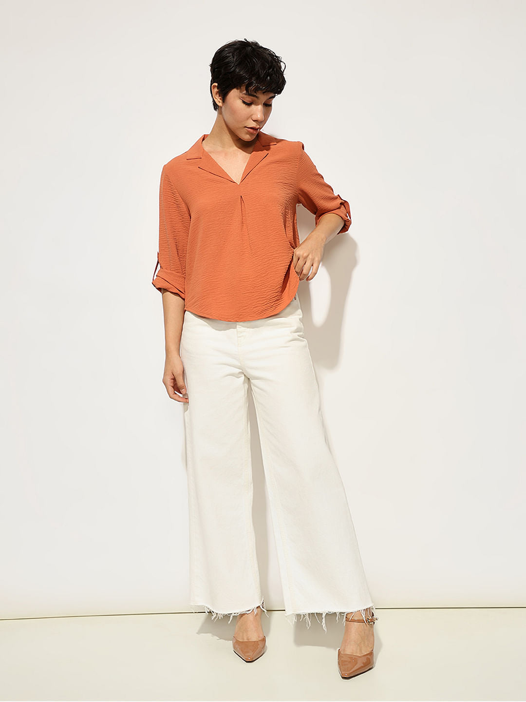Orange Textured Resort Collar Top