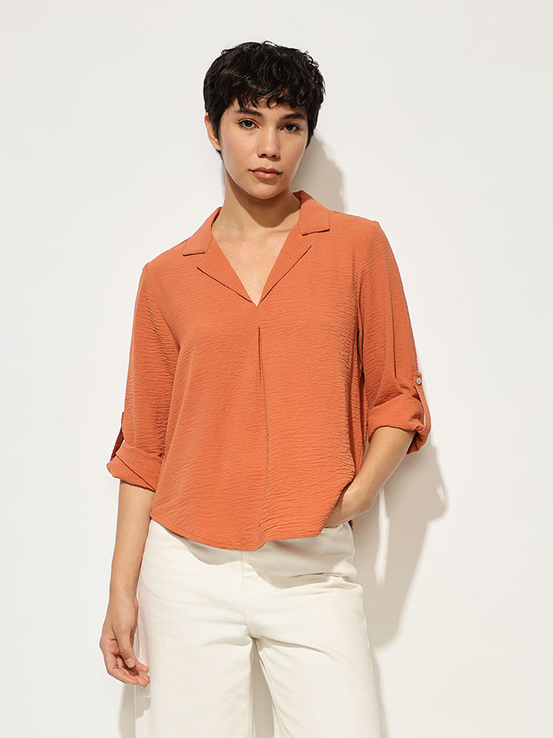 Orange Textured Resort Collar Top