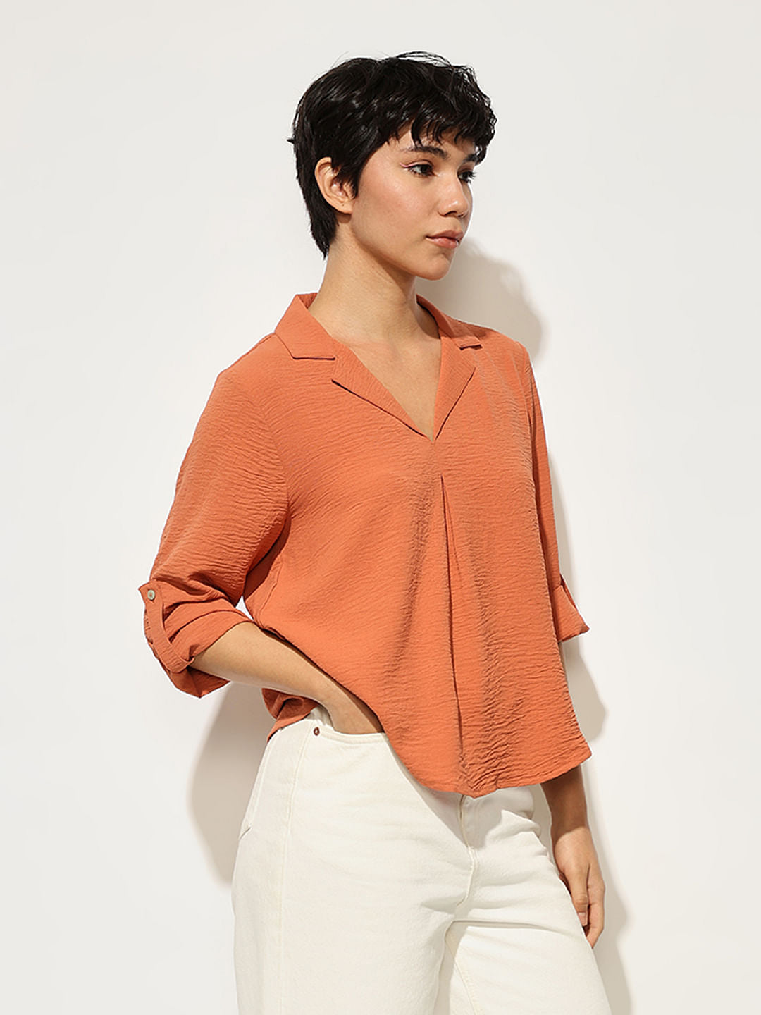 Orange Textured Resort Collar Top