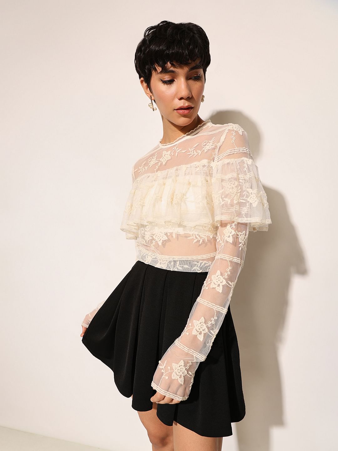 White Embroidered Mesh Top