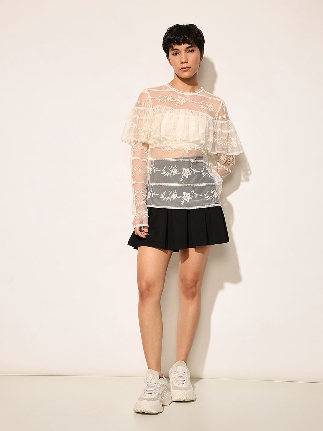 White Embroidered Mesh Top