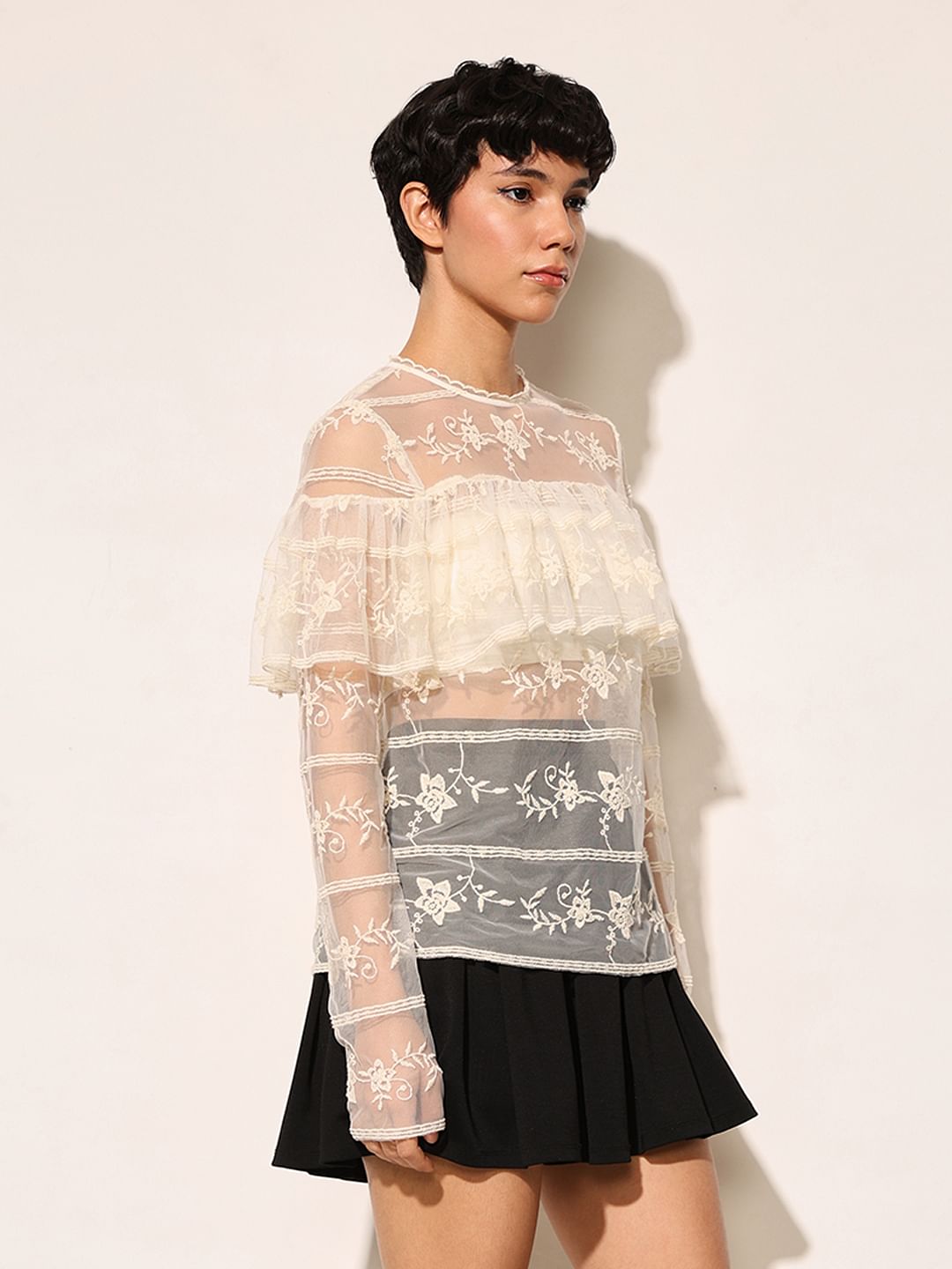 White Embroidered Mesh Top