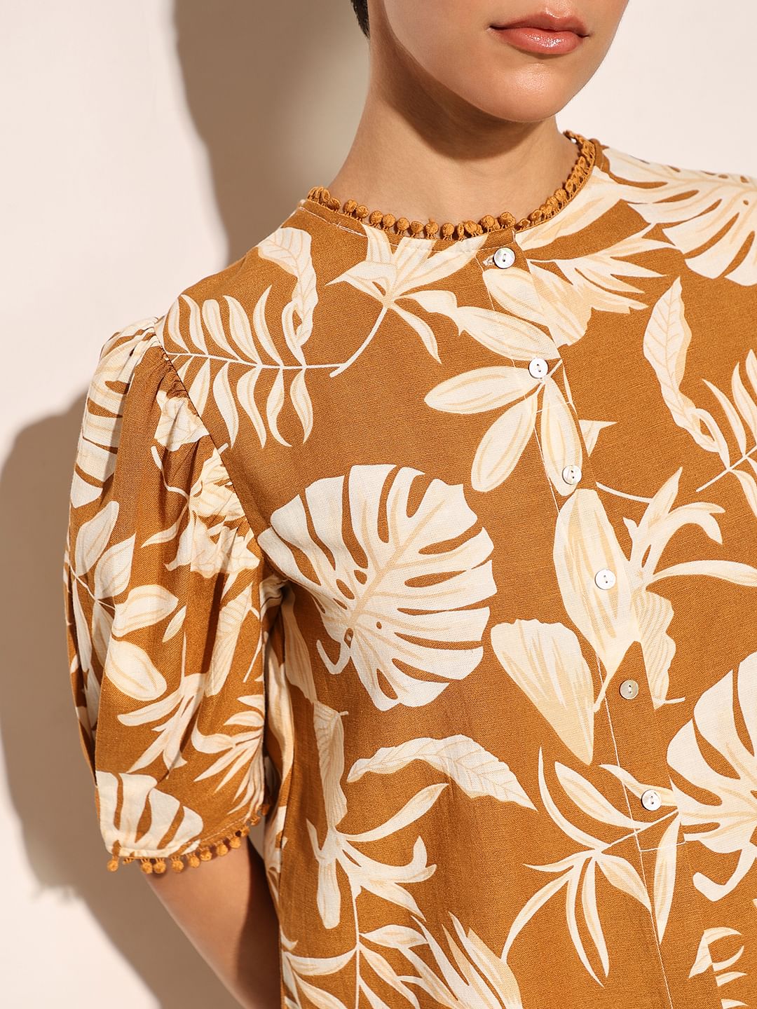 Brown Tropical Print Crop Top