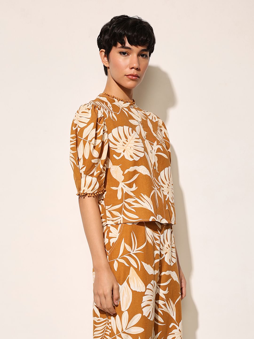 Brown Tropical Print Crop Top