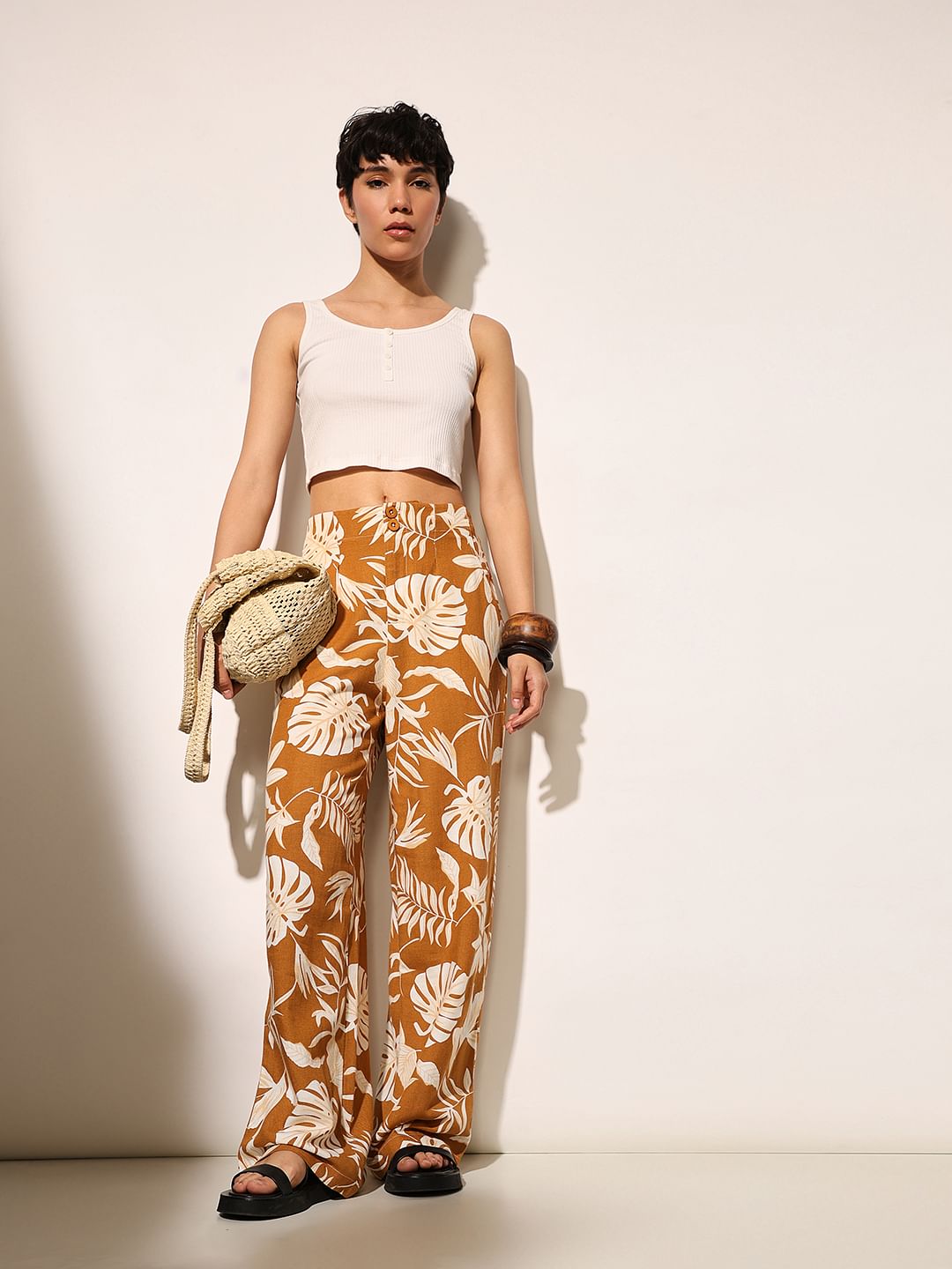 Brown Tropical Print Pants