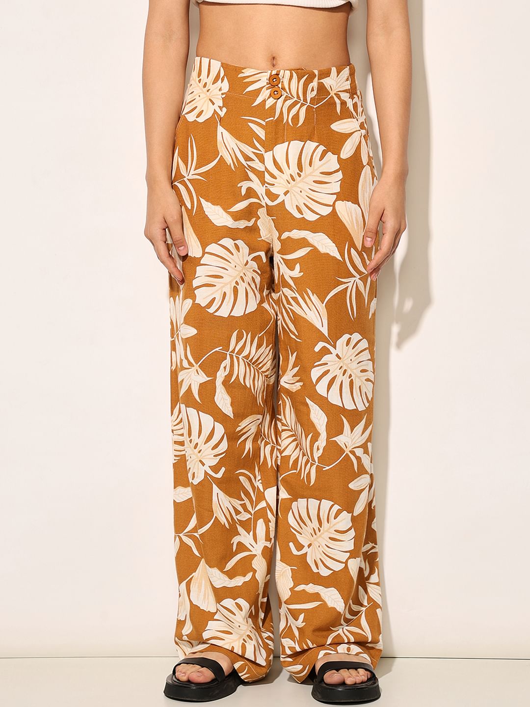 Brown Tropical Print Pants