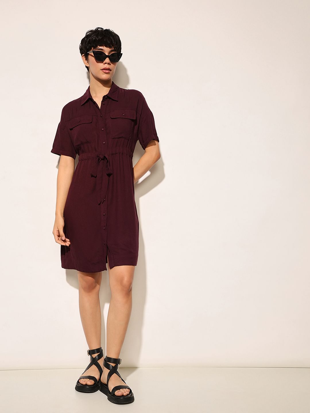 Burgundy Tie Up Waist Shirt Dress