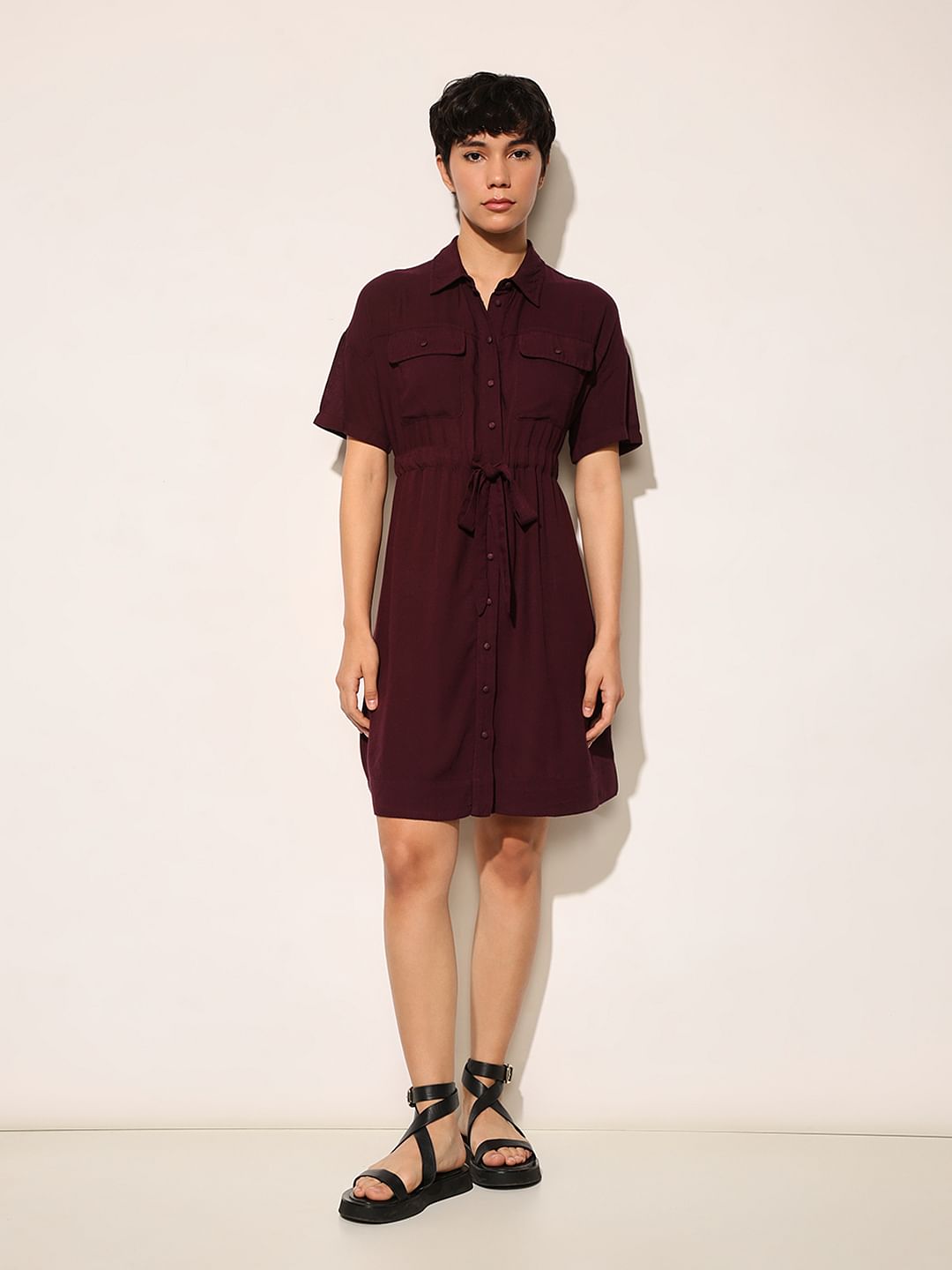 Burgundy Tie Up Waist Shirt Dress