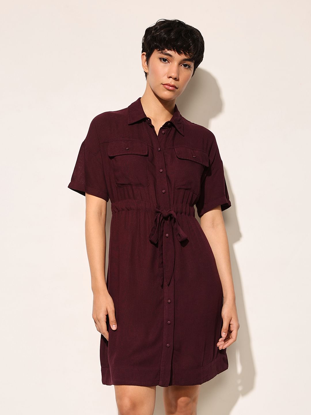 Burgundy Tie Up Waist Shirt Dress