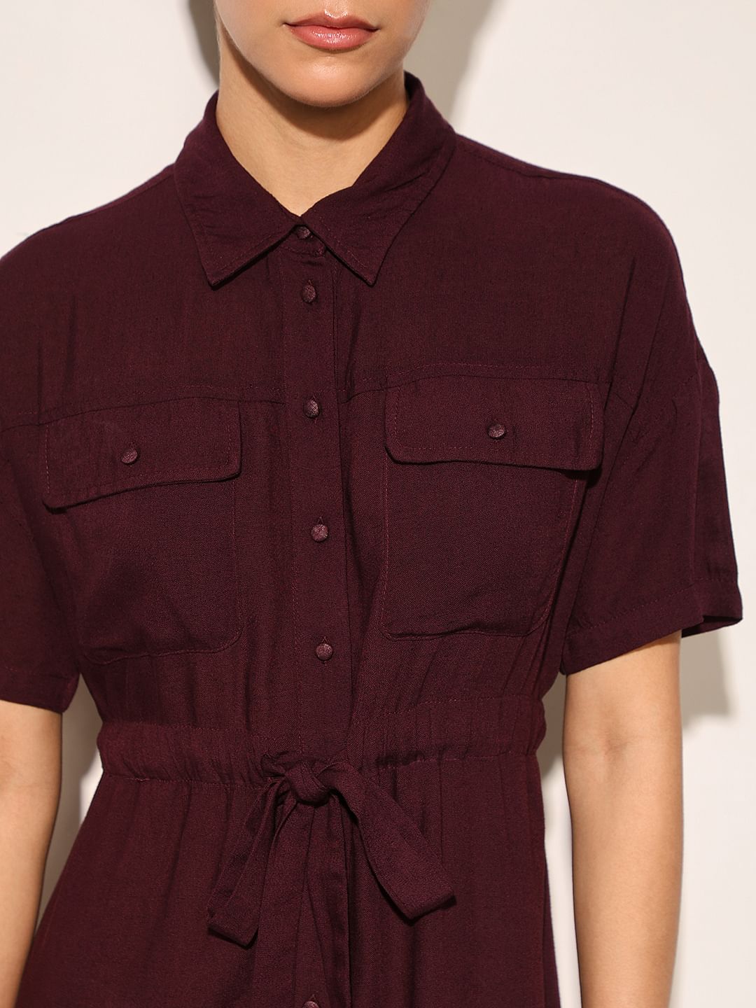 Burgundy Tie Up Waist Shirt Dress