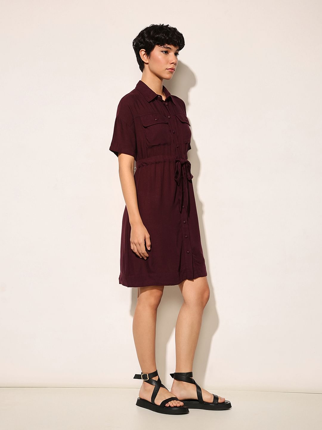 Burgundy Tie Up Waist Shirt Dress