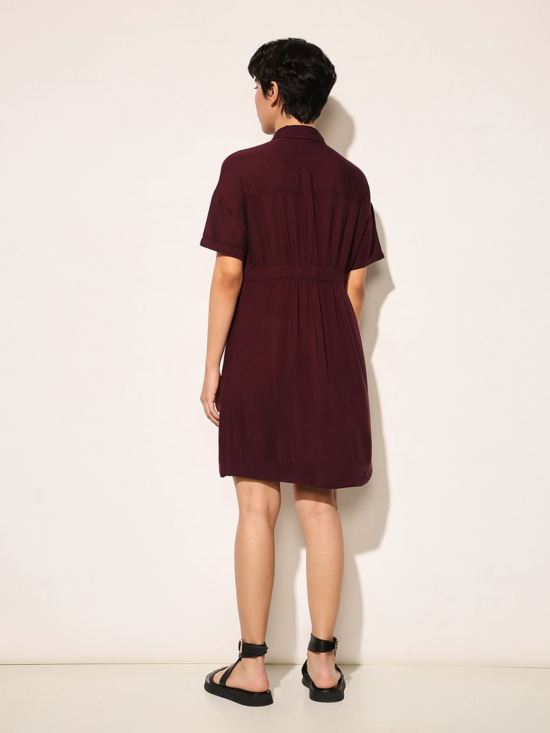 Burgundy Tie Up Waist Shirt Dress