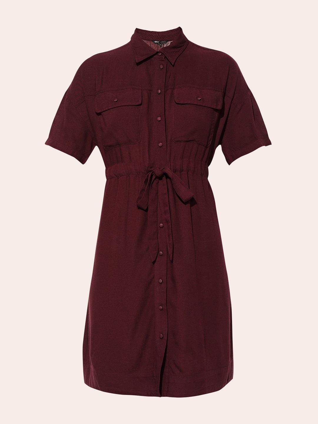 Burgundy Tie Up Waist Shirt Dress