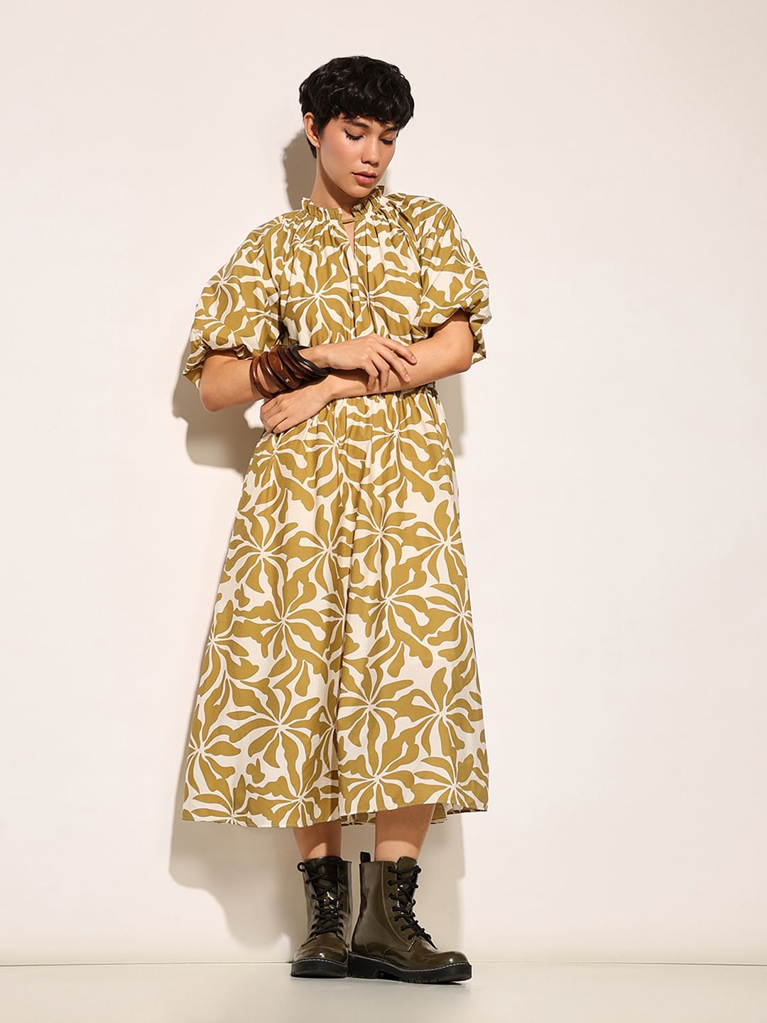 Dark Green Printed Midi Dress - XS