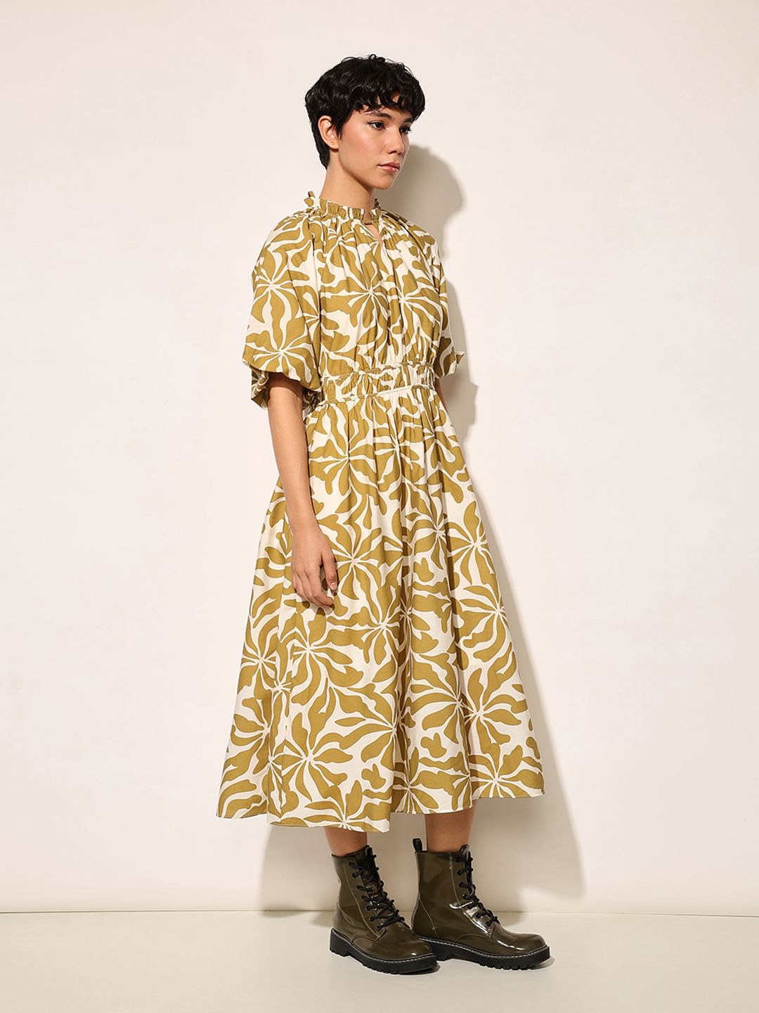 Dark Green Printed Midi Dress