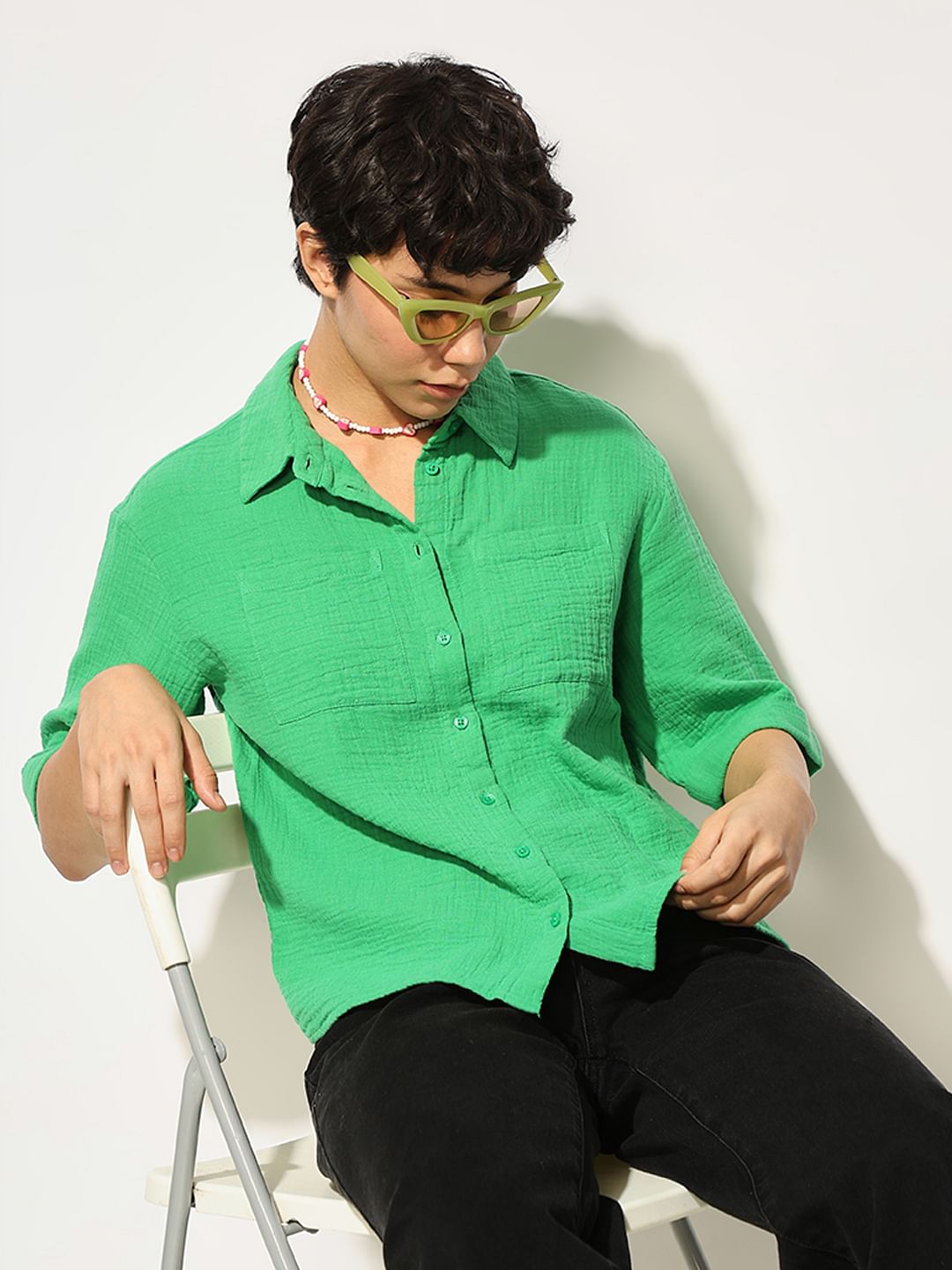 Green Crinkle Weave Cotton Shirt