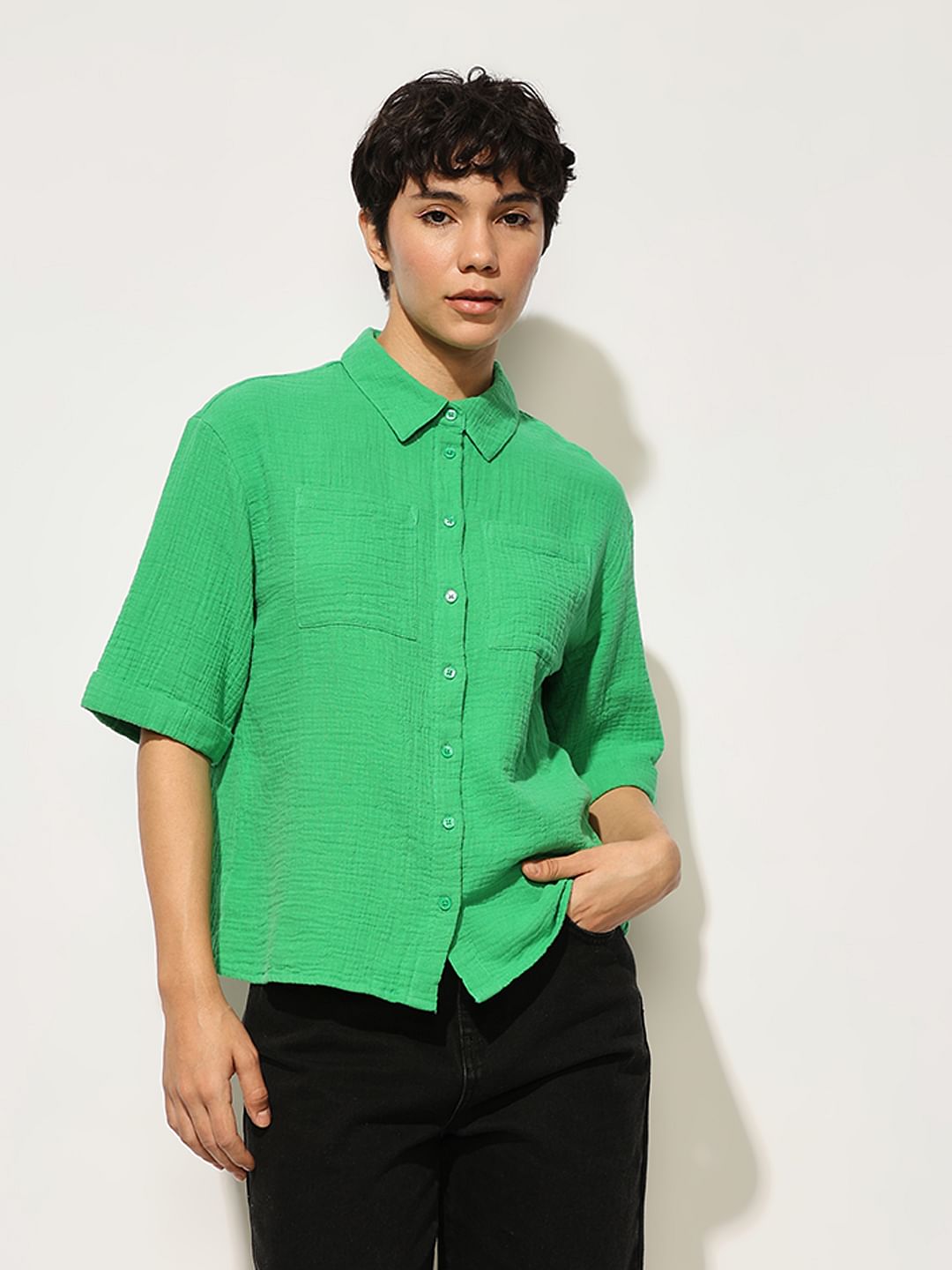 Green Crinkle Weave Cotton Shirt