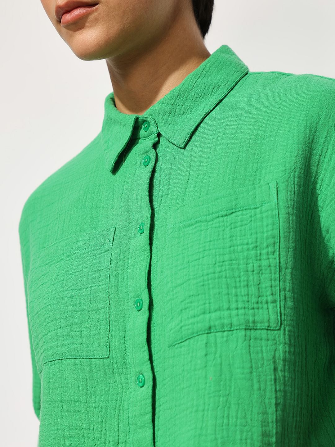 Green Crinkle Weave Cotton Shirt