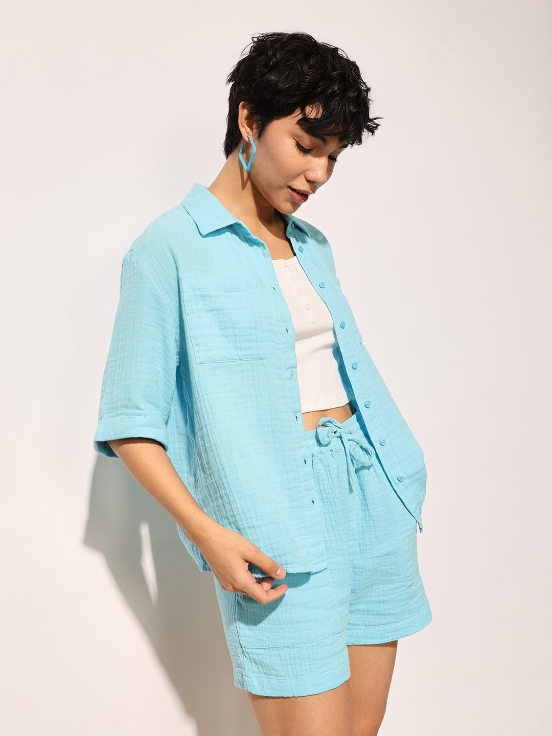 Blue Cotton Shirt & Shorts Set
