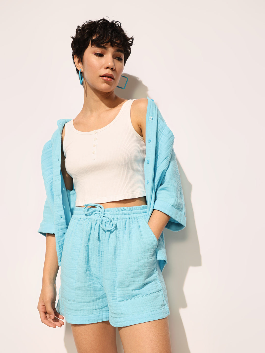 Blue Cotton Shirt & Shorts Set