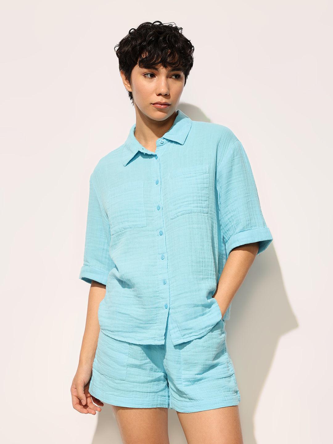 Blue Cotton Shirt & Shorts Set