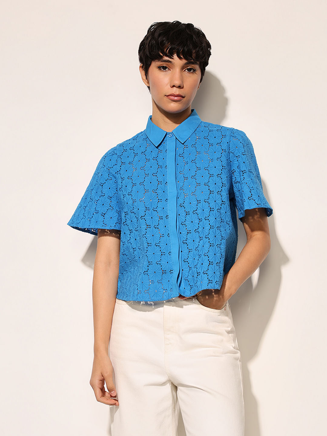 Blue Schiffli Cotton Shirt