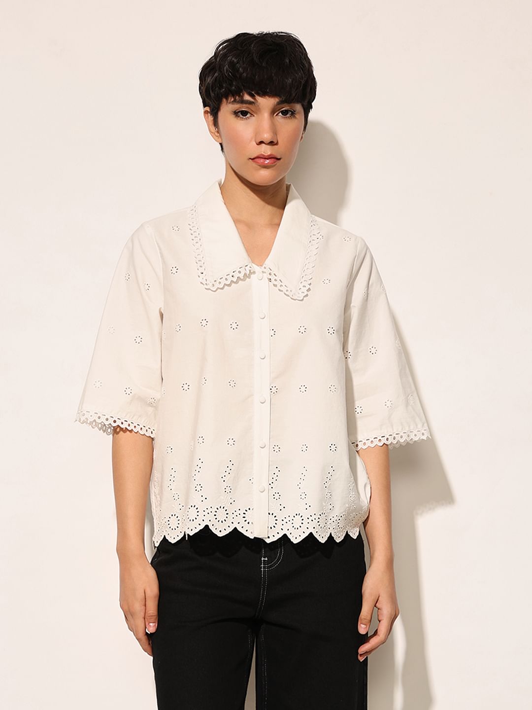 White Flared Sleeves Cotton Shirt
