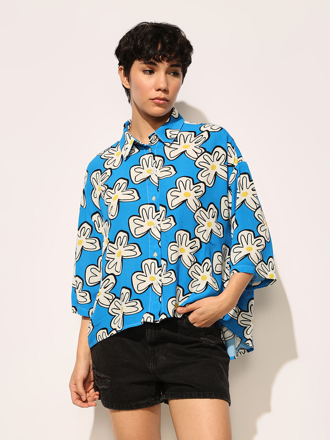 Blue Printed Oversized Viscose Shirt