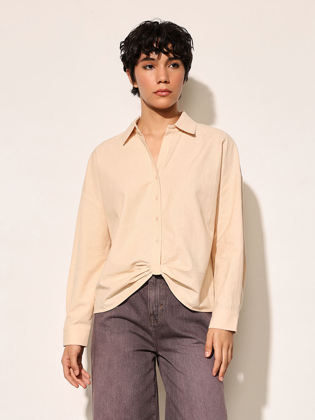 Beige Front Gathered Detail Shirt