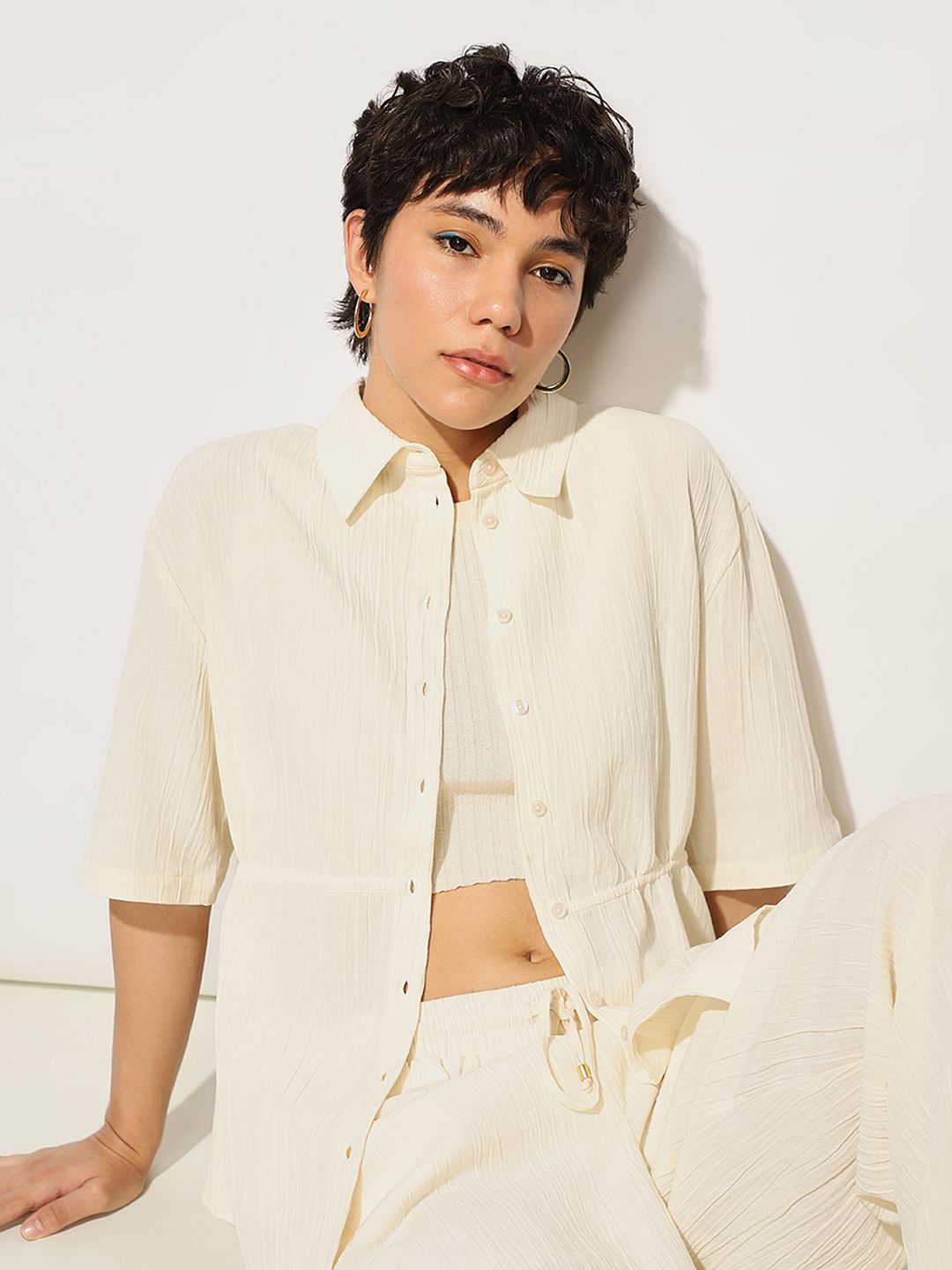 Cream Drawstring Cotton Co-Ord Set Shirt