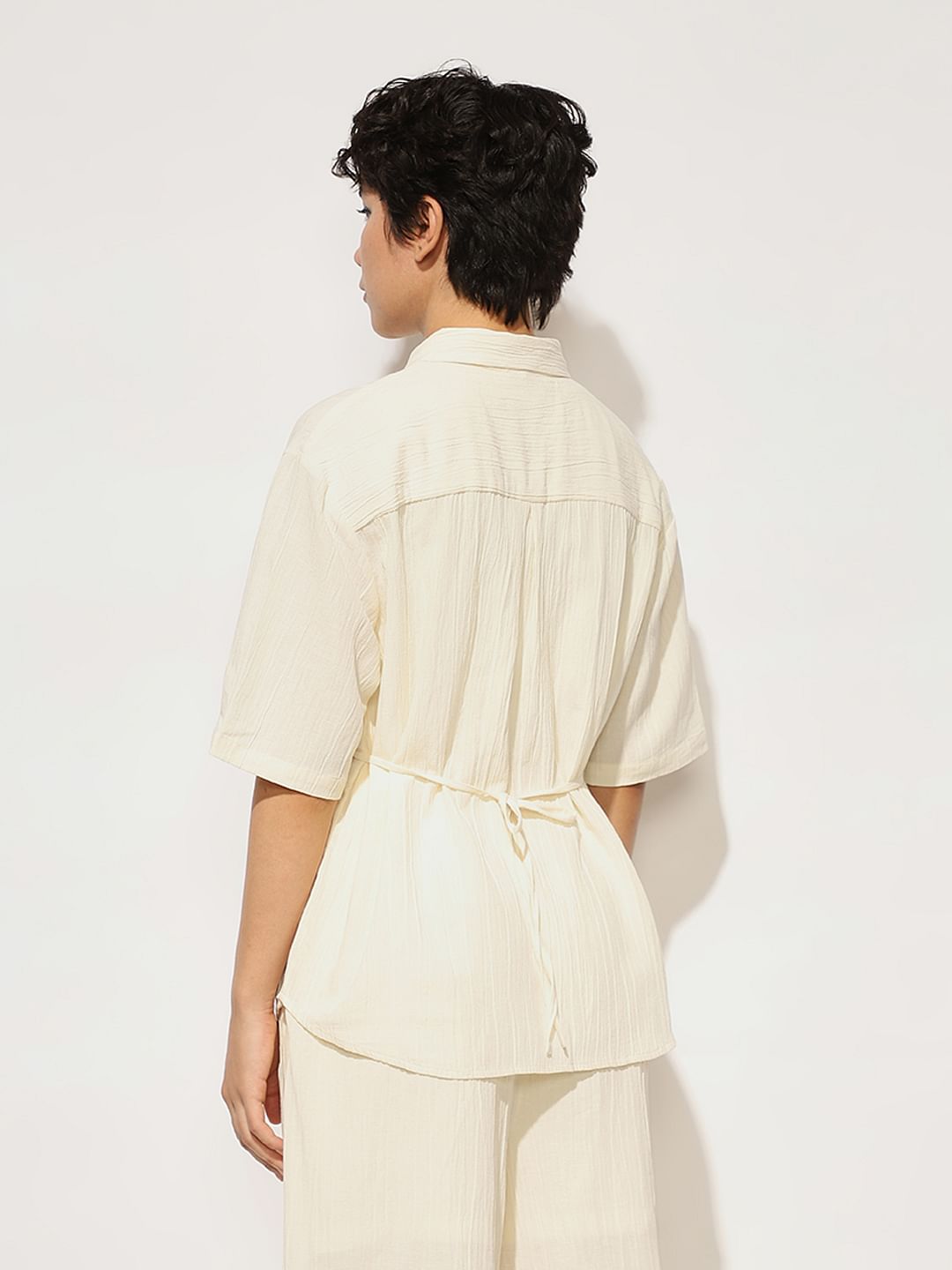 Cream Drawstring Cotton Co-Ord Set Shirt