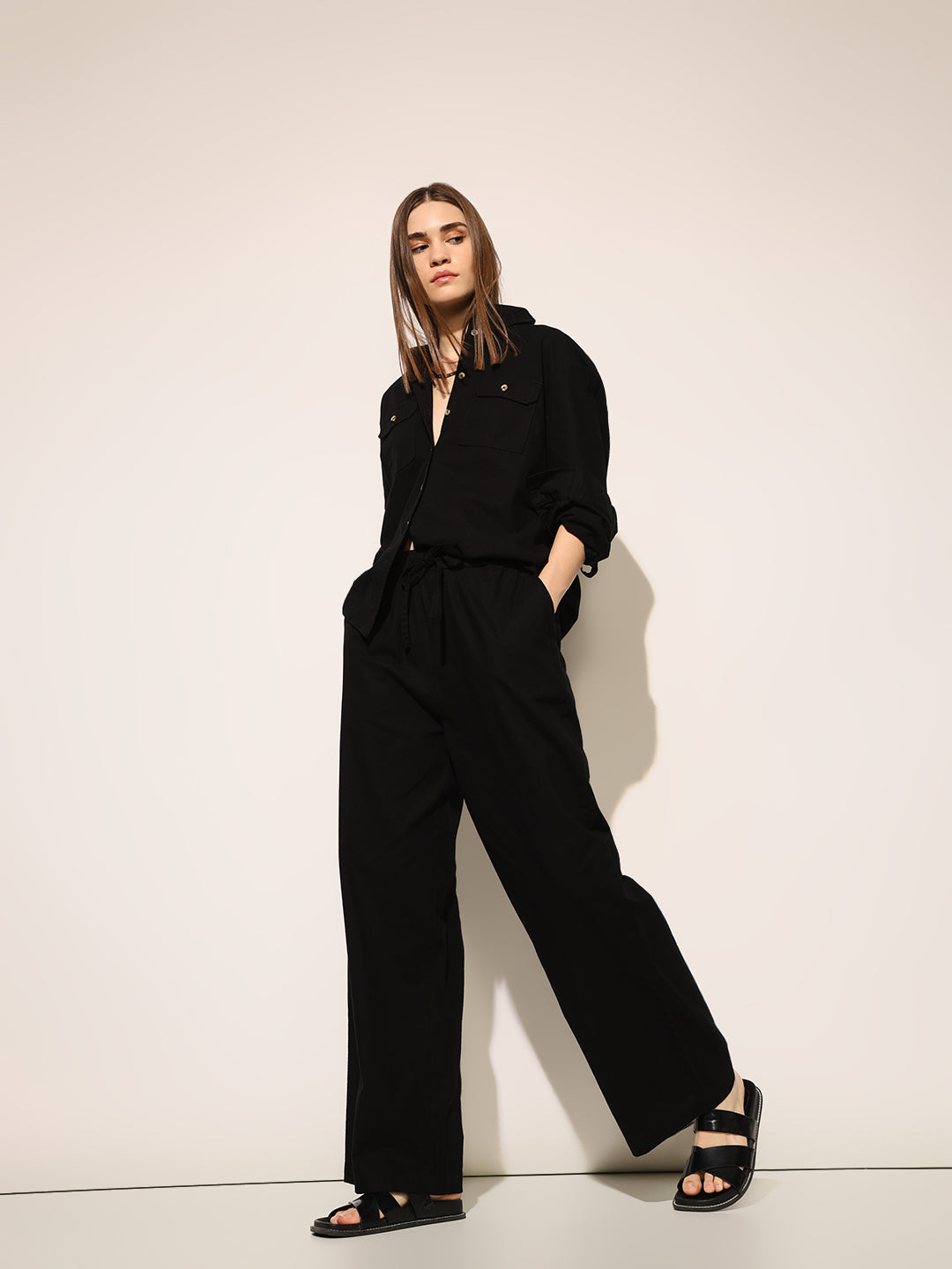 Black Buttoned Shirt & Pant Co-ord Set