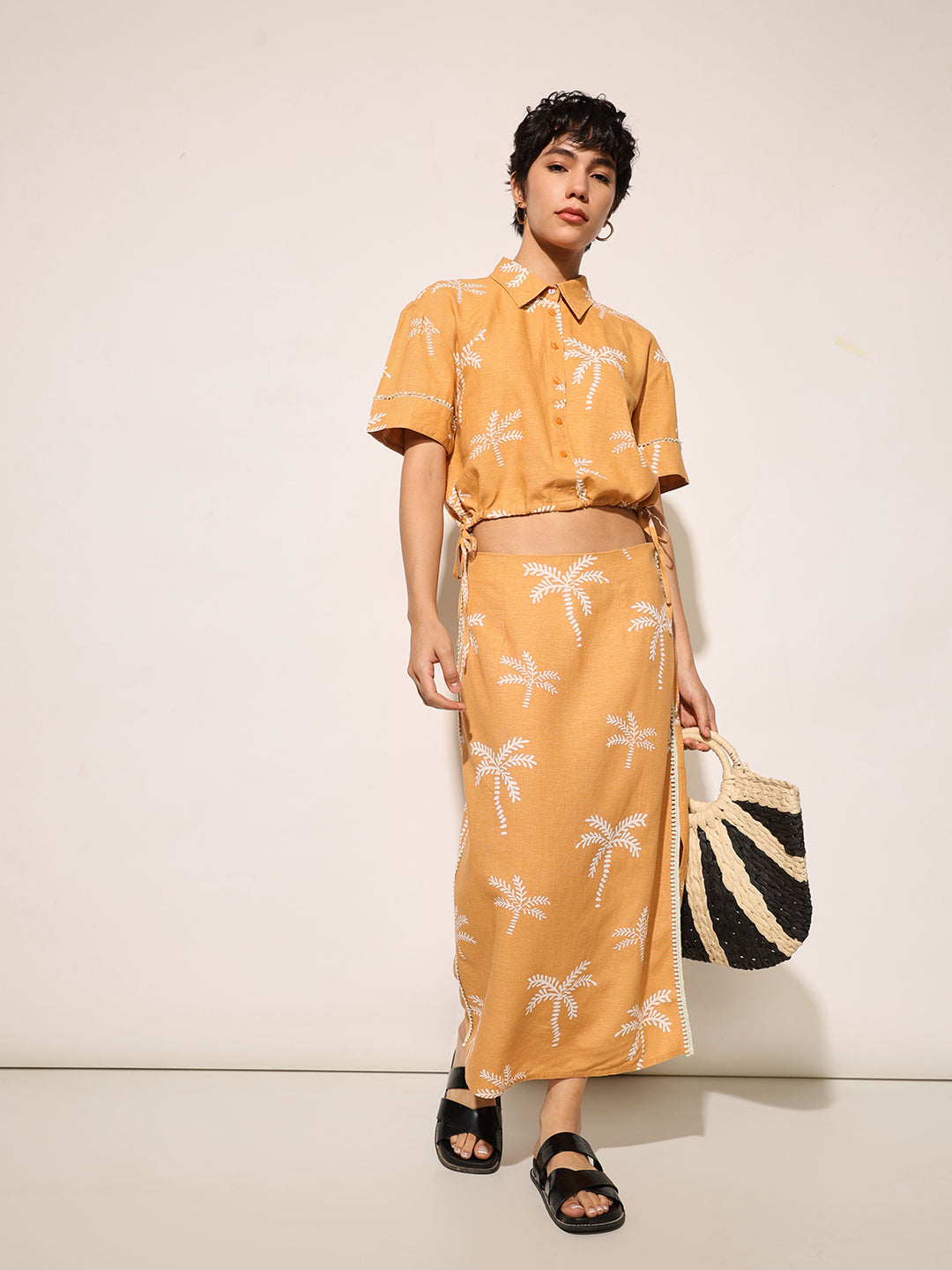 Orange Printed Shirt & Skirt Co-ord Set