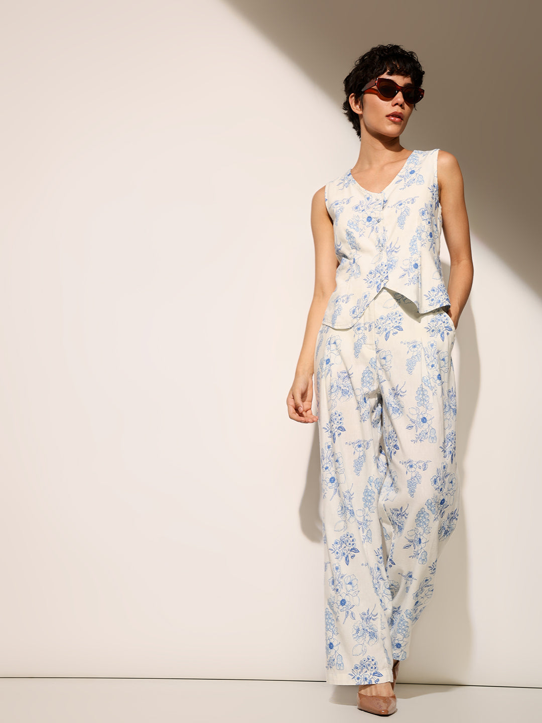 Floral Print Waistcoat & Pant Co-ord Set