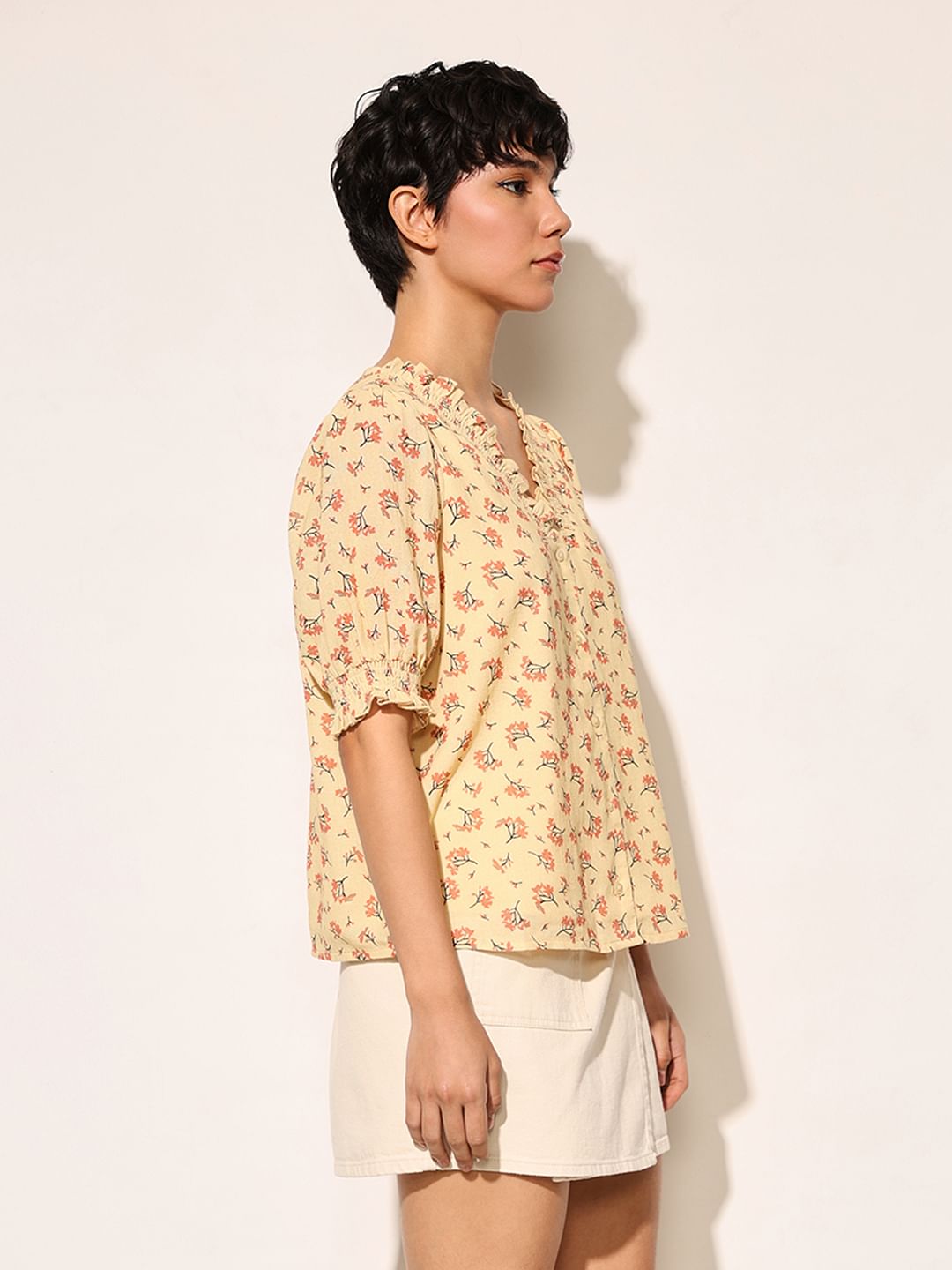 Yellow Printed Smocked Neck Top