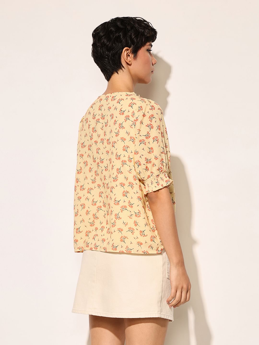 Yellow Printed Smocked Neck Top