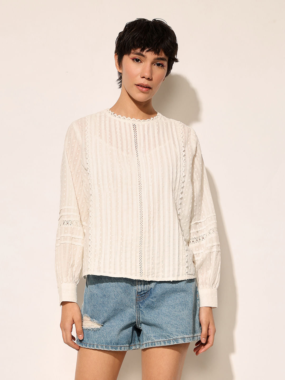 White Crinkle Weave Top