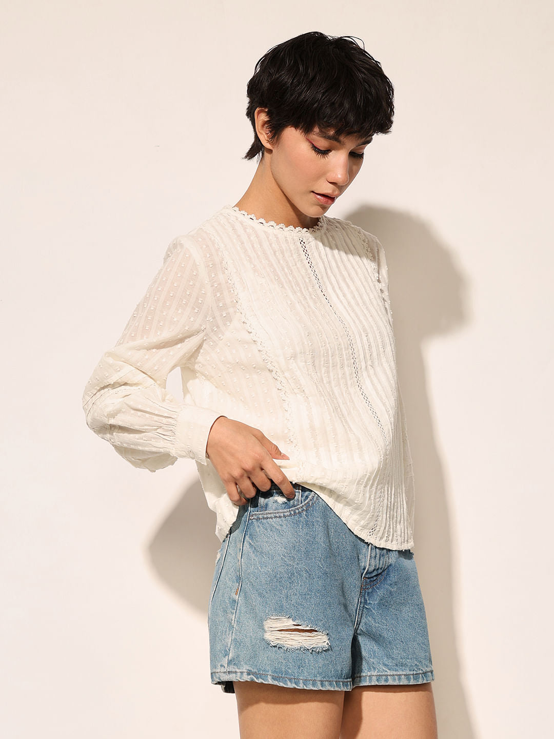 White Crinkle Weave Top