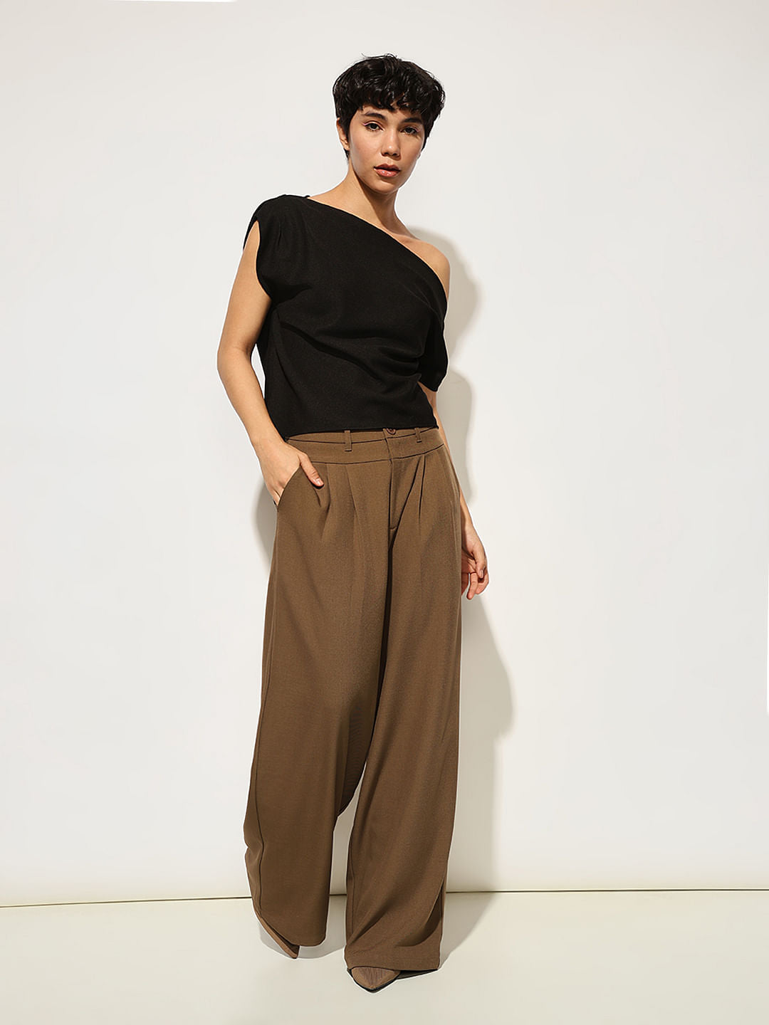 Black Draped One Shoulder Top