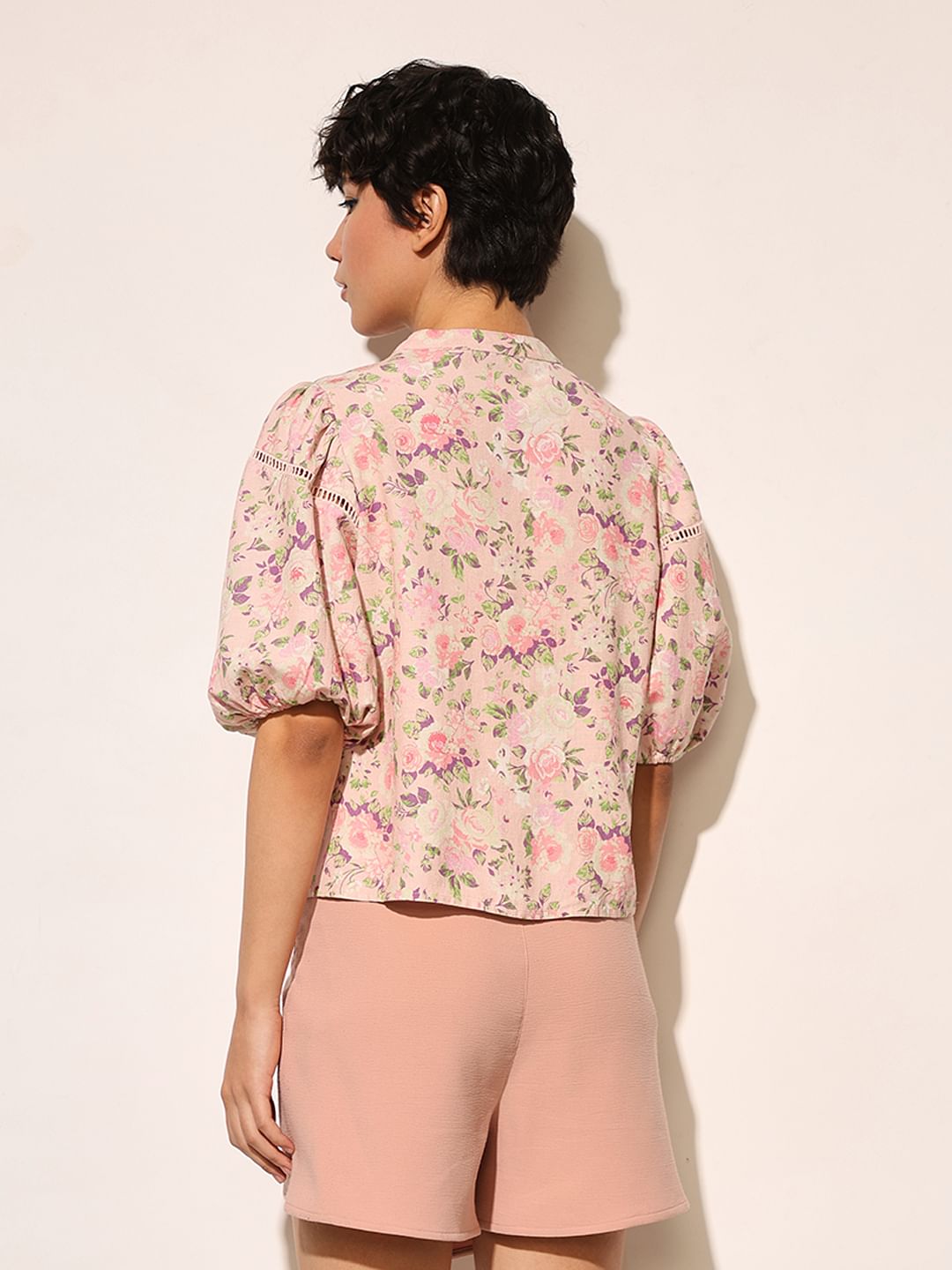 Pink Floral Puff Sleeves Top
