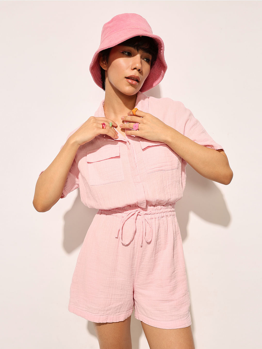 Pink Cotton Muslin Playsuit - M