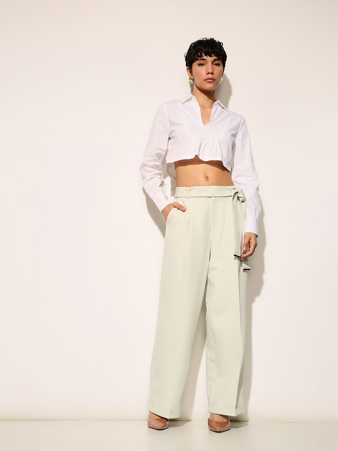 Green Tie Belt Formal Pants