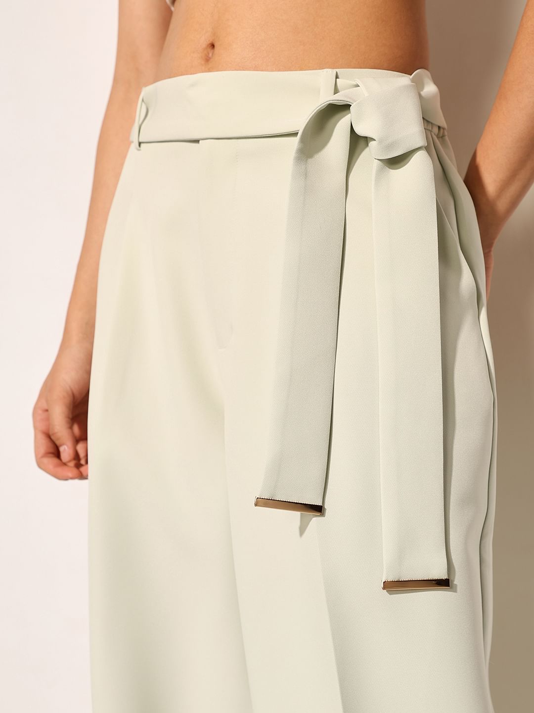 Green Tie Belt Formal Pants