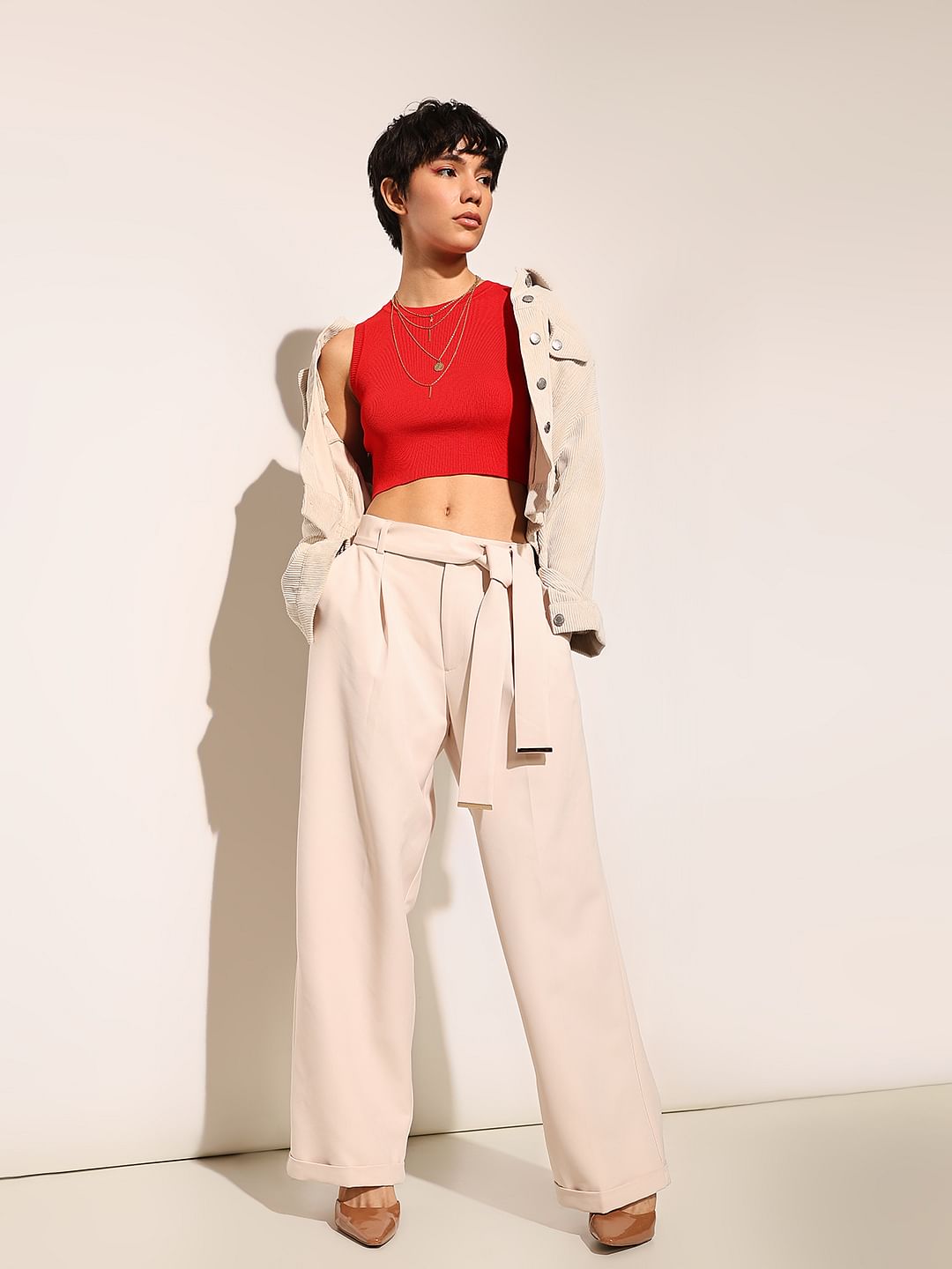 Beige Tie Belt Formal Pants