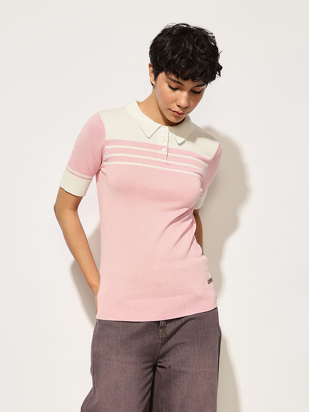 Pink Knitted Colourblocked Polo
