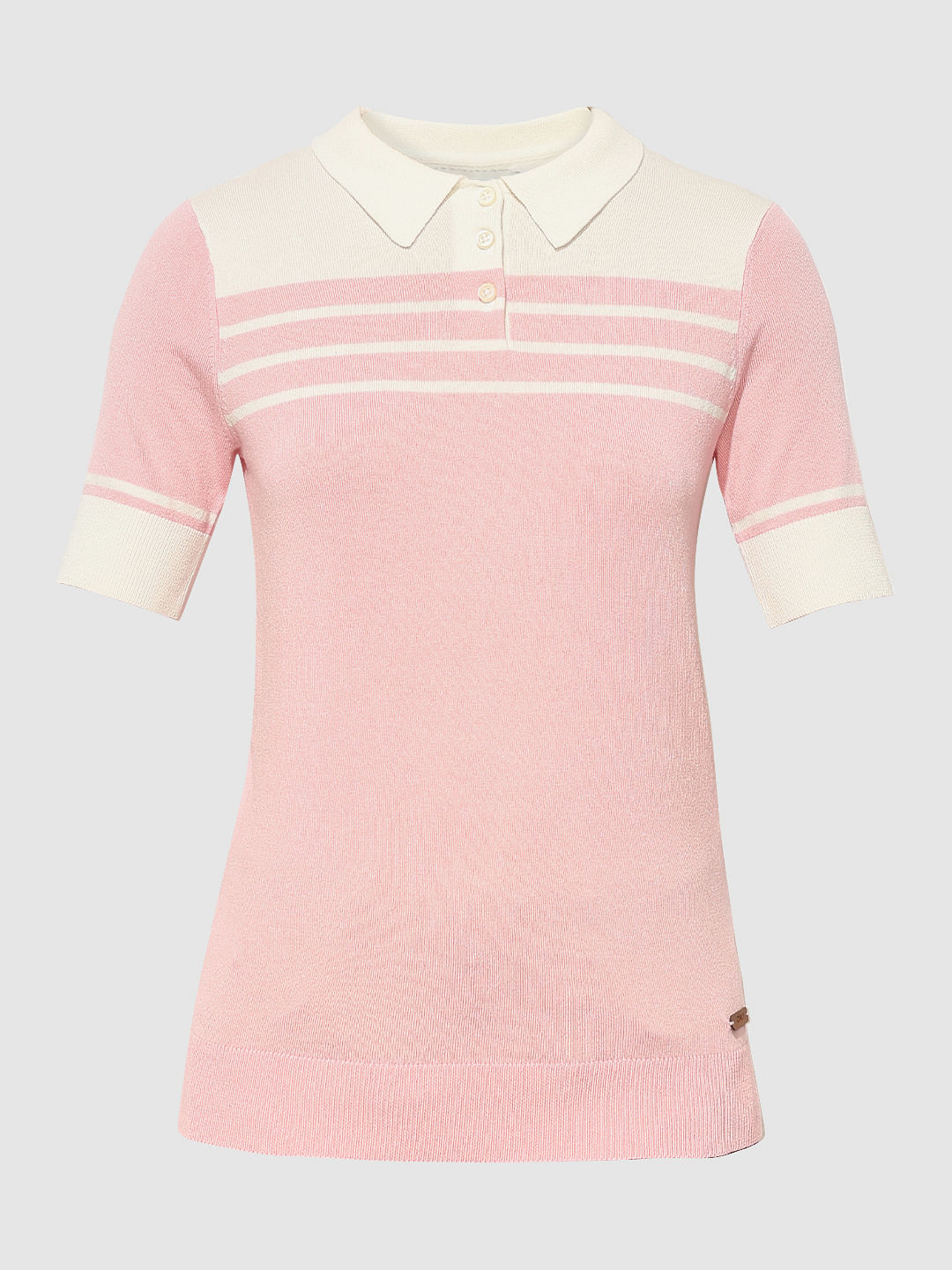 Pink Knitted Colourblocked Polo