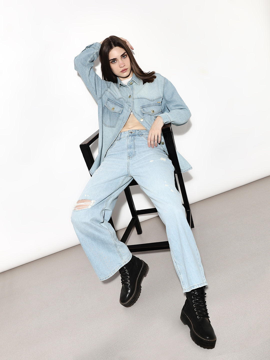 Light Blue Distressed Wide Leg Jeans