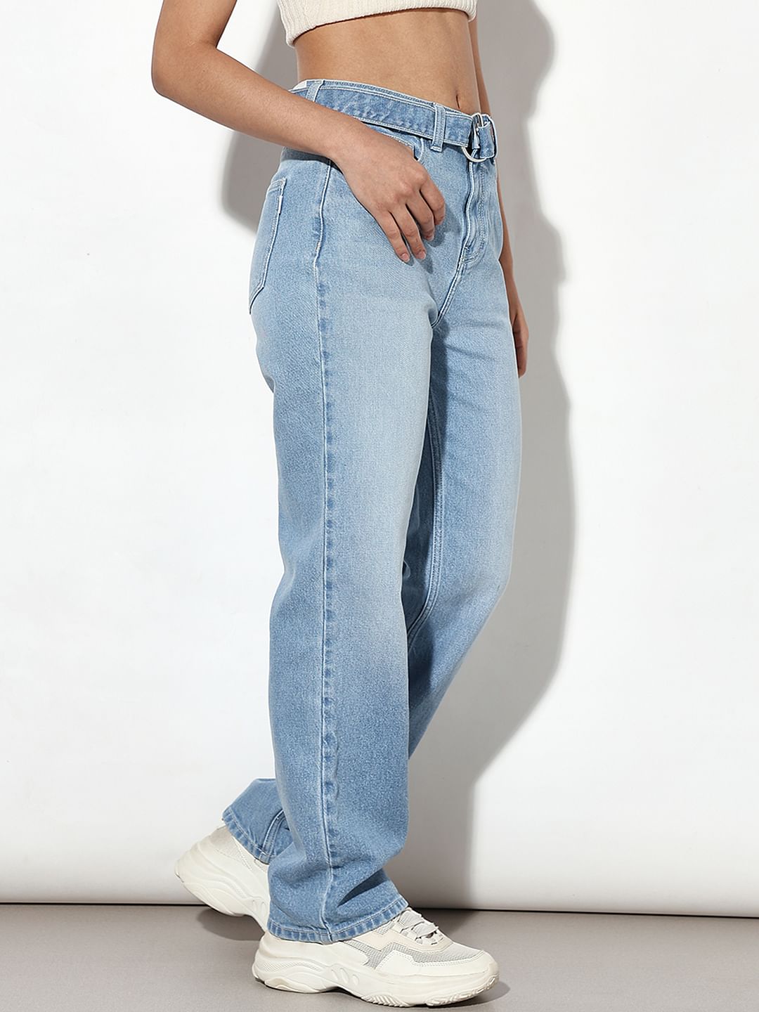 Light Blue Belted Straight Fit Jeans