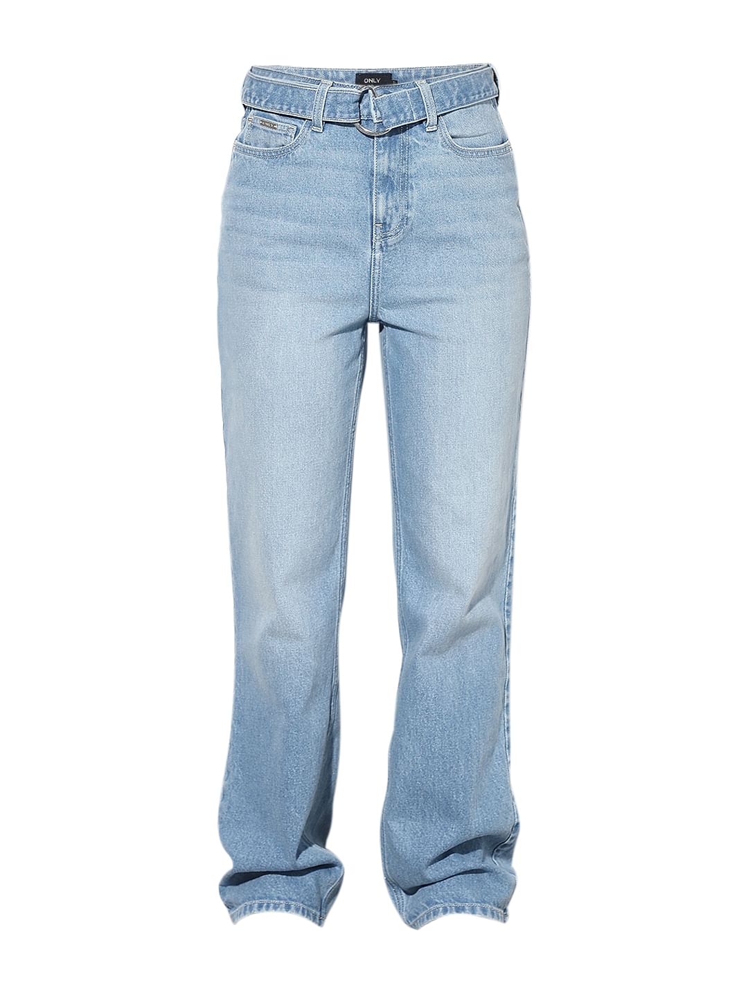 Light Blue Belted Straight Fit Jeans