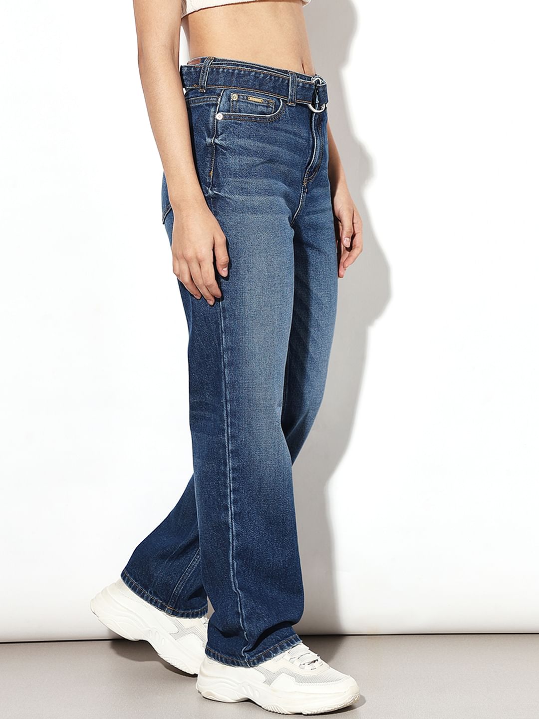 Dark Blue Belted Straight Fit Jeans